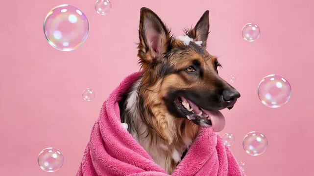 Happy wet German shepherd dog wrapped in a fluffy pink towel after a bath with shampoo foam on its head, cute clean pet surrounded by floating soap bubbles against a pastel pink background