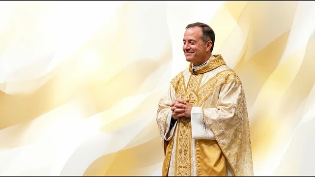 Solemn Clergy Member in Ornate Gold Liturgical Vestments During Sacred Ordination Ceremony, Elegant Contemporary Abstract Background with Copy Space