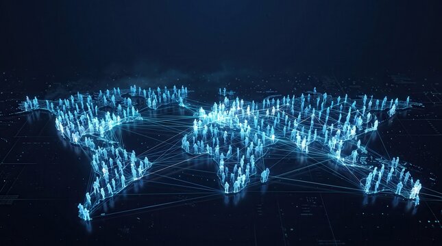 Global world map 3D render featuring glowing blue wireframe human figures connected by data lines, representing futuristic networking for international business strategy and communication.