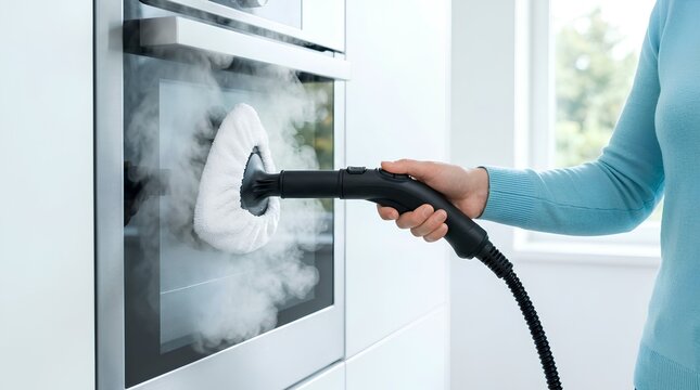 Cleaning Oven Door with Handheld Steam Cleaner Close Up &ndash; Modern Housekeeping Utility Banner