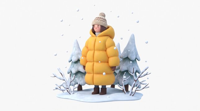 Stylized 3D illustration of a person in a yellow puffer coat and beanie standing in a snowy winter forest with snow falling