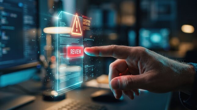 Hand interacting with holographic interface featuring exception detected warning and review button, capturing cybersecurity monitoring and AI error detection for digital risk management.