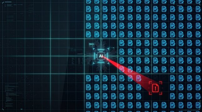 Artificial intelligence node scanning digital document grid and highlighting a red exception icon, capturing automated data analysis and anomaly detection for cybersecurity and compliance software.