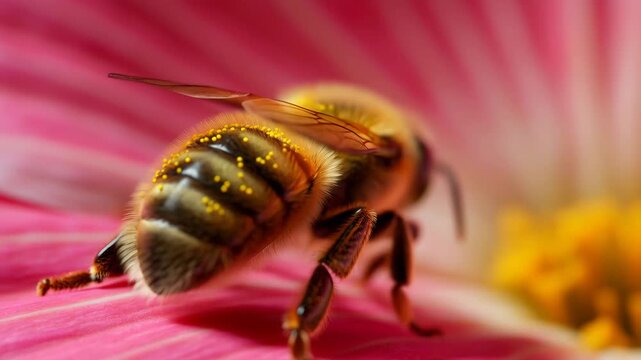 60 FPS Macro honeybee crawling on pink daisy petal with pollen grains on abdomen