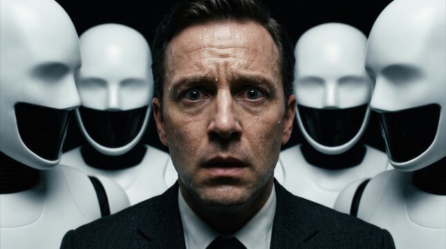 Sweating businessman surrounded by white humanoid robots capturing fear of AI replacement and human obsolescence for technology ethics and corporate automation editorial.