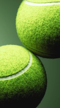 Loop Close-up of two bright green tennis balls colliding and rolling, textured felt and curved seams under soft directional light, dynamic sports motion scene - 13s duration