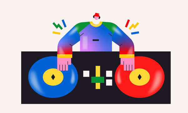 Colorful DJ Mixing Vinyl Records on Turntables &ndash; Modern Music Illustration