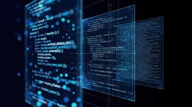 Overlapping digital screens with programming code and software development 3D render, capturing cybersecurity and data encryption concept for corporate technology marketing and web design.