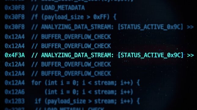 Blue monospaced code lines on computer screen featuring analyzing data stream and buffer overflow check for cyber security and artificial intelligence software development marketing.