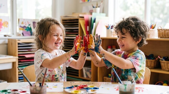 Happy children high-fiving with messy paint on hands in classroom, sharing pure childhood joy and creative freedom for early childhood education and preschool marketing.