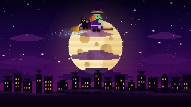 Pixel Art Halloween Witch Flying Broomstick Full Moon Night Cityscape Background Seamless Loop Animation