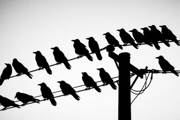 Naklejka premium Black, white silhouette of many crows perched on electric power lines. Large group of ravens sit in row on wire against bright sky. Dark bird silhouettes rest on utility pole in urban landscape rural