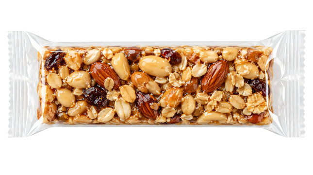 Granola nut bar in clear plastic isolated on transparent background