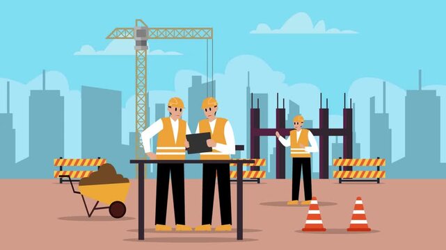 Engineers and Construction Workers Discussing Blueprint and Building Plan on Site Flat Vector Illustration