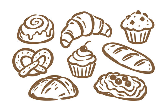 Bakery Pastries Hand Drawn Doodle Set with Croissant, Bread and Muffin