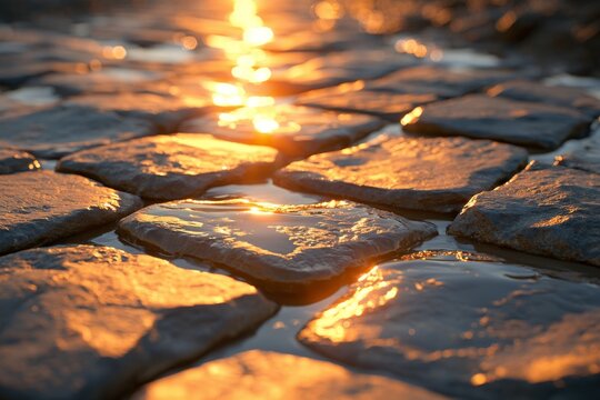 Golden sunset reflected between rain soaked cobblestones