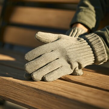 Hands in cream knitted gloves on a wooden bench