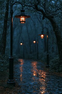 Warm lamps receding along a dark rainy woodland walkway