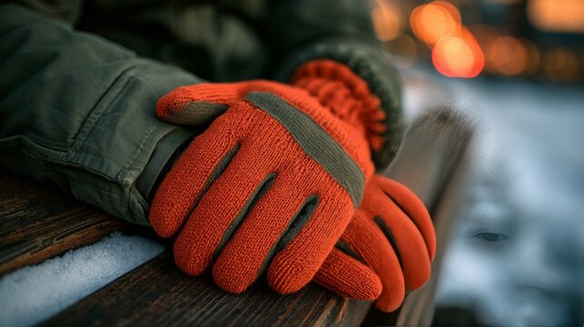 Red knitted gloves resting on a wooden outdoor bench