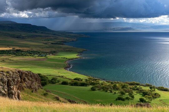 Green coastline and blue sea beneath a dark storm sky