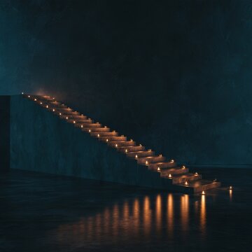 Warm illuminated floating staircase above dark still water