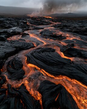 Glowing lava streams flowing between dark volcanic rocks