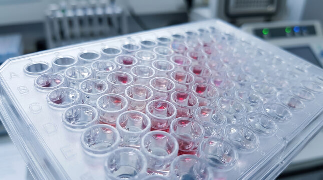 Transparent microplate standard sample with red liquid laboratory well plate for biomedical research and scientific analysis, showing clear circular chambers arranged sterile transparent surface