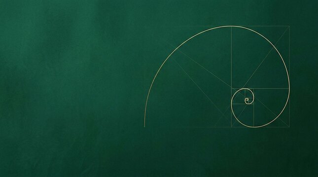 Mathematical golden ratio spiral line art design on a rich dark green background
