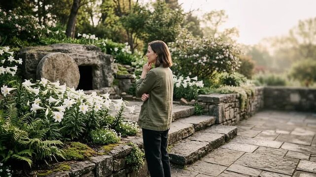 Woman reflecting in a sunlit garden at dawn by an empty stone tomb with white lilies symbolizing the Resurrection, hopeful contemporary hero background with copy space