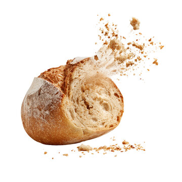 Crusty bread loaf breaking apart with crumbs flying during studio lighting isolated on transparent background