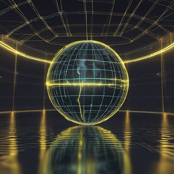 Wireframe Digital Sphere Encircled by Protective Laser Caution Barriers