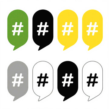 Hashtag speech bubble icon set in multiple colors for social media