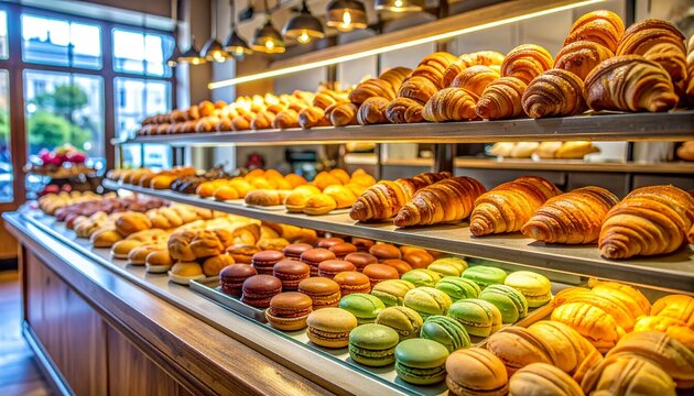 A beautiful bakery display case filled with fresh golden croissants and colorful French macarons inside a charming local pastry shop interior.