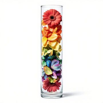 Kaleidoscope Petals Minimal multicolored petals in a kaleidoscope tube vase with gerbera (Gerbera), symmetry repeating patterns, glass facets multiplying images,
