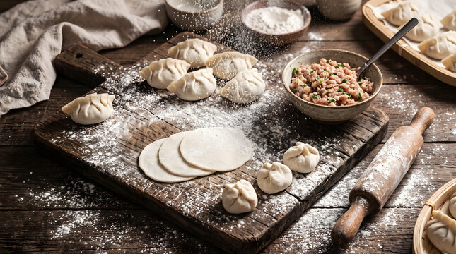 Raw homemade Chinese dumplings preparation on wooden board with flour