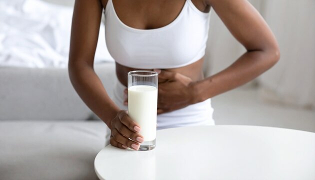 Young woman feeling abdominal pain while holding a glass of milk experiencing discomfort due to lactose intolerance and digestive health issues.