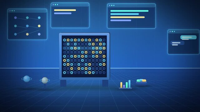 Blue core memory ring grid of an AI model wide scene looping motion