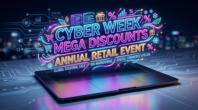 glowing promotional typography spelling out a major annual retail discount event over a blank computer input hardware device emphasizing seasonal digital commerce and special markdown promotional