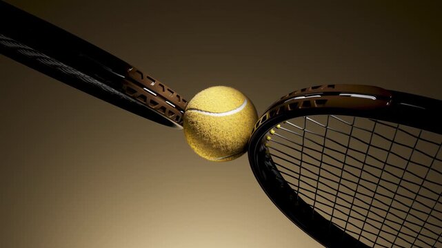 Loop Close-up of tennis ball compressed between two rackets with strings flexing under pressure in dramatic warm studio light, low angled dynamic sports composition showing motion and tension between