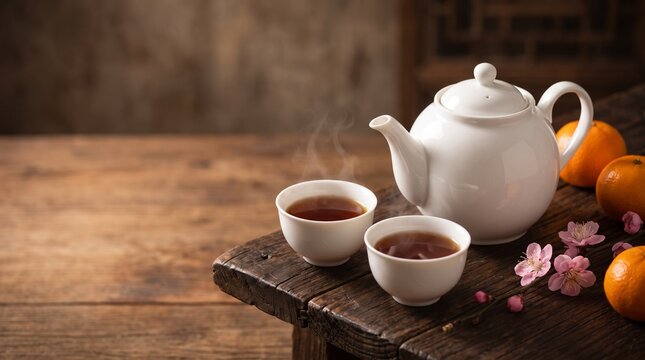 Traditional tea set with mandarin oranges and plum blossoms on dark wood
