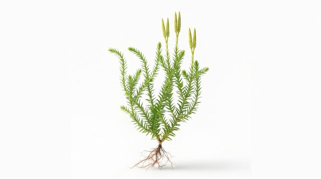 Chinese Notoginseng botanical illustration
  displays upright fertile cones and delicate root strands over a white background.