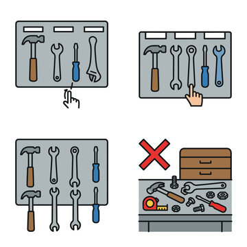Set of flat line icons showing proper tool organization and storage methods.