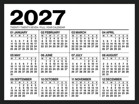 Simple black and white 2027 year calendar with all twelve months clearly displayed
