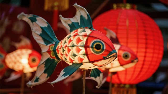 Decorative fishshaped lanterns with red background