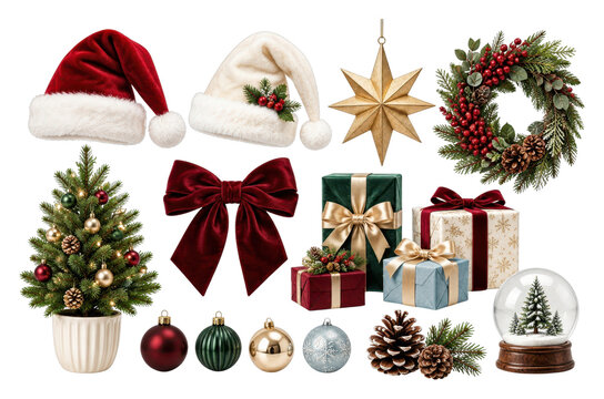Christmas decorations collage, PNG, transparent background, no people shown