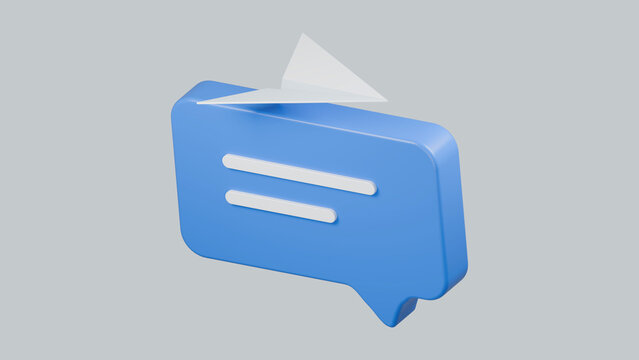 A white paper plane rises above a blue chat bubble with two message lines. Minimal 3D communication icon on a neutral background for messaging and digital contact.