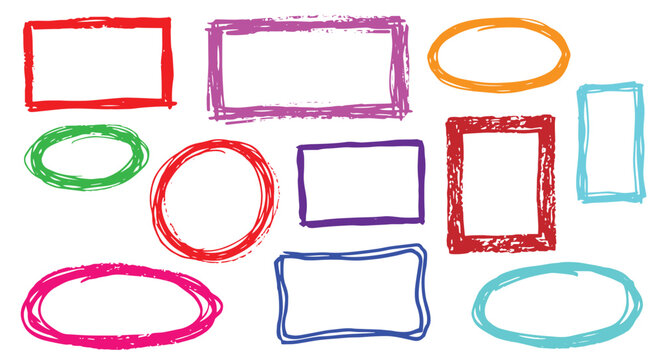 Hand Drawn Colorful Frame Set Rectangle Oval Circle Border Isolated on Transparent PNG Background