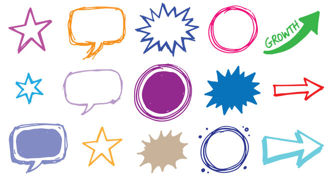Hand Drawn Colorful Arrow Speech Bubble Star Burst Circle Symbol Set Isolated on Transparent Background