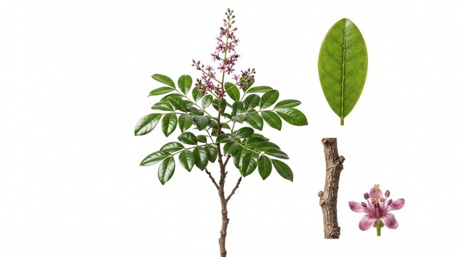  Jaborandi plant specimen branch featuring green leaves and delicate pink flowers is shown alongside isolated botanical elements on white.