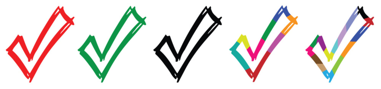 Colorful Hand Drawn Checkmark Tick Icons Set Green Black Rainbow Gradient Approval Success Symbols Collection